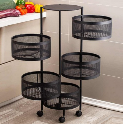 Fruit & Vegetable Storage Basket Metal Wire Mesh Organizer Kitchen Rotating Trolley Portable Rack Round Design
