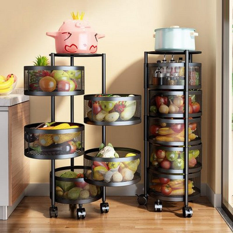 Fruit & Vegetable Storage Basket Metal Wire Mesh Organizer Kitchen Rotating Trolley Portable Rack Round Design
