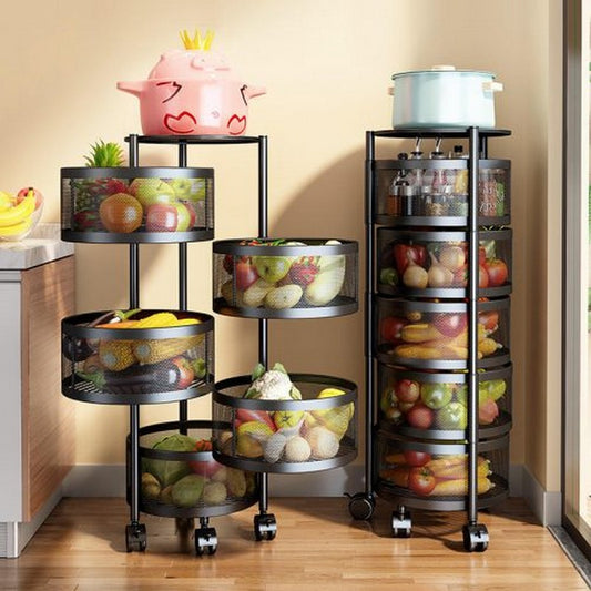 Fruit & Vegetable Storage Basket Metal Wire Mesh Organizer Kitchen Rotating Trolley Portable Rack Round Design