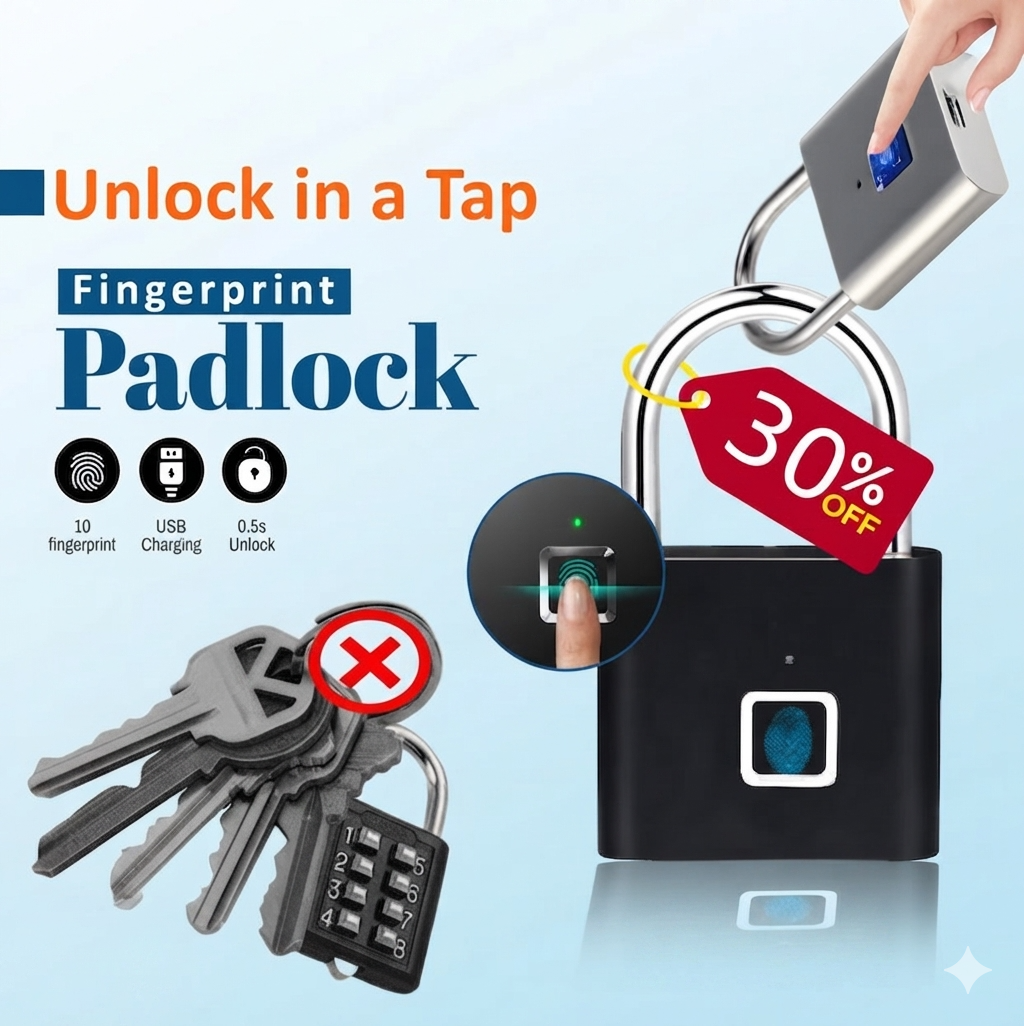 Smart Fingerprint Padlock – USB Rechargeable Keyless Biometric Security Lock